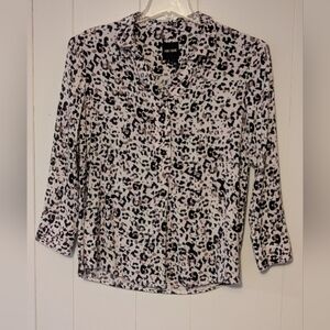 NIC+ZOE Women's Pink and Black Cheetah Print 3/4 Sleeve V Neck Blouse Size Small